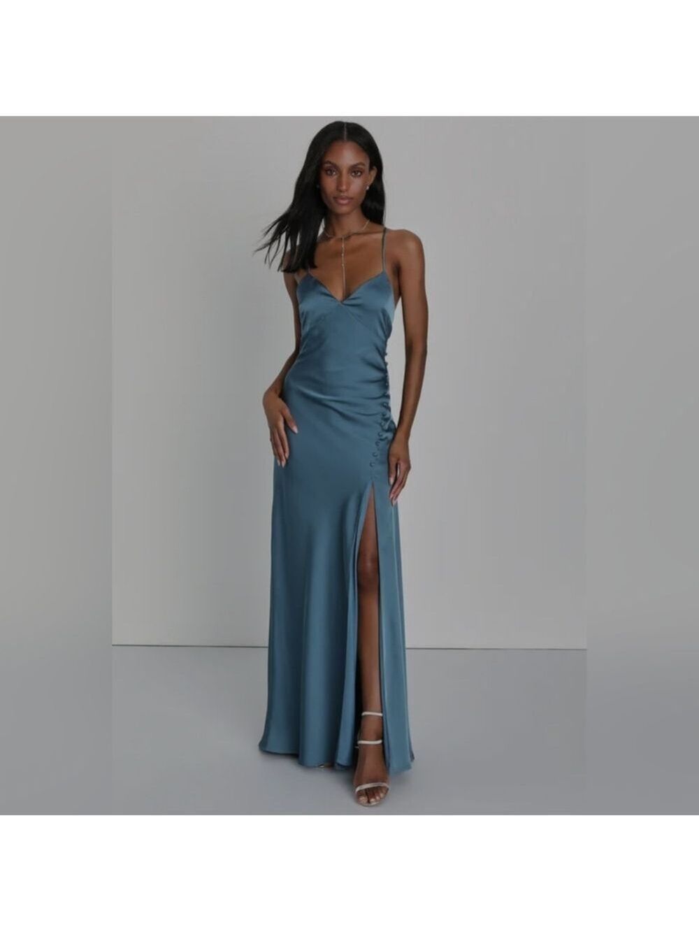 Lulus |  Extraordinary Allure Slate Blue Satin Backless Maxi Dress | Size S - Picture 5 of 7